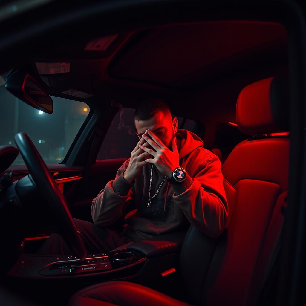 A man sitting inside a sleek BMW X4, dressed in casual streetwear, his face obscured by his hands, deeply focused as he smokes marijuana