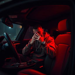 A man sitting inside a sleek BMW X4, dressed in casual streetwear, his face obscured by his hands, deeply focused as he smokes marijuana