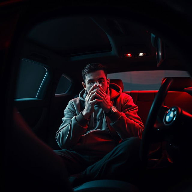 A man sitting inside a sleek BMW X4, dressed in casual streetwear, his face obscured by his hands, deeply focused as he smokes marijuana