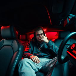 A man sitting inside a sleek BMW X4, dressed in casual streetwear, his face obscured by his hands, deeply focused as he smokes marijuana
