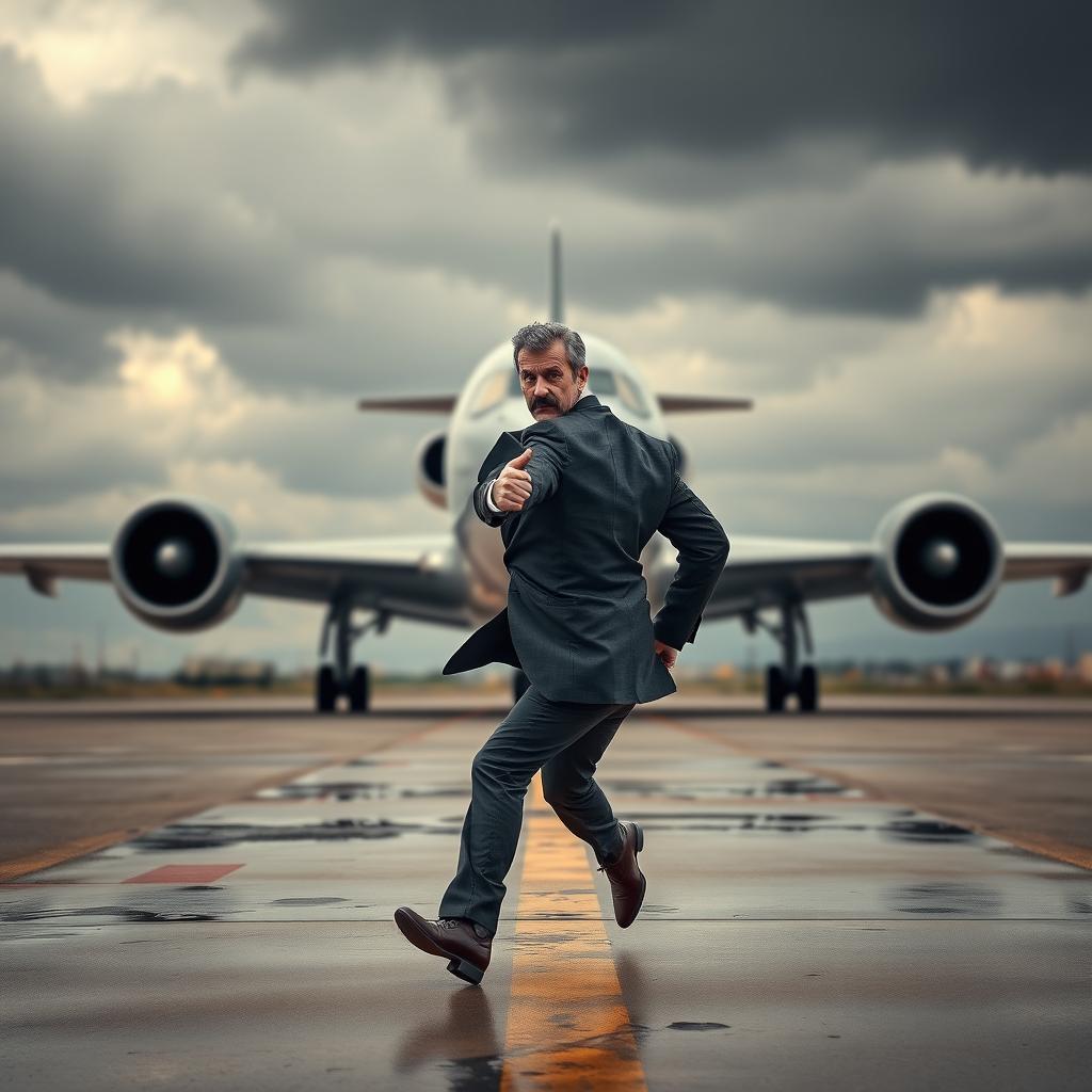 A dramatic scene depicting Bashar al-Assad, the Syrian leader, running frantically toward an airplane with a tense and scary expression on his face