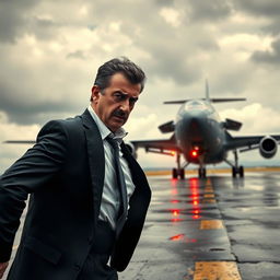 A dramatic scene depicting Bashar al-Assad, the Syrian leader, running frantically toward an airplane with a tense and scary expression on his face