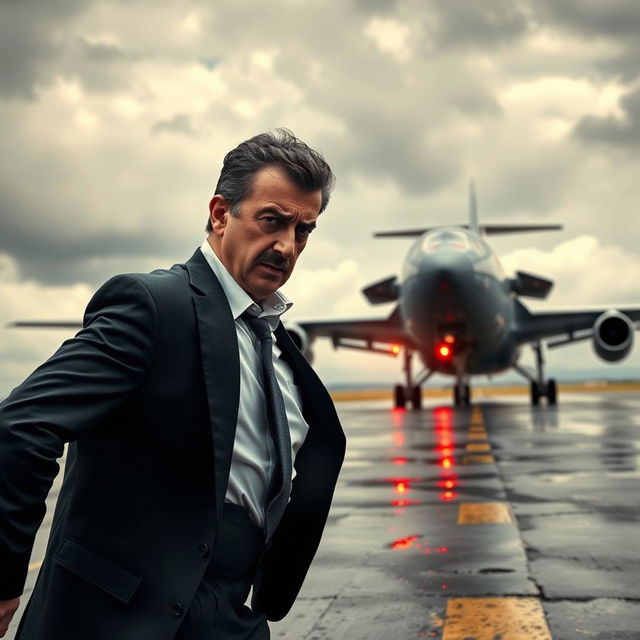 A dramatic scene depicting Bashar al-Assad, the Syrian leader, running frantically toward an airplane with a tense and scary expression on his face