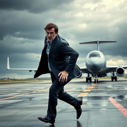 A dramatic scene depicting Bashar al-Assad, the Syrian leader, running frantically toward an airplane with a tense and scary expression on his face