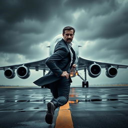 A dramatic scene depicting Bashar al-Assad, the Syrian leader, running frantically toward an airplane with a tense and scary expression on his face