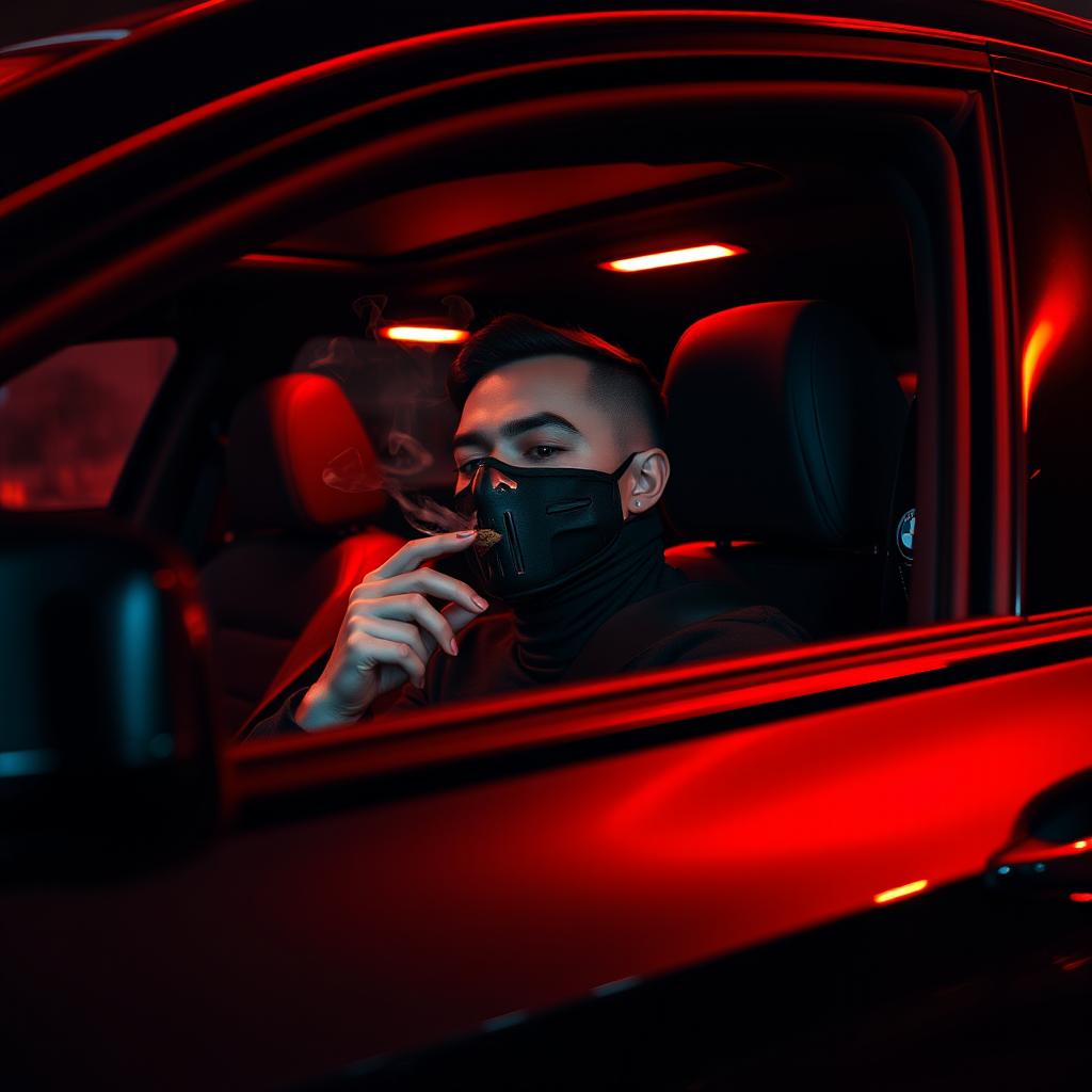 A man sitting inside a sleek BMW X4, his face partially obscured by a stylish mask, exuding a mysterious aura