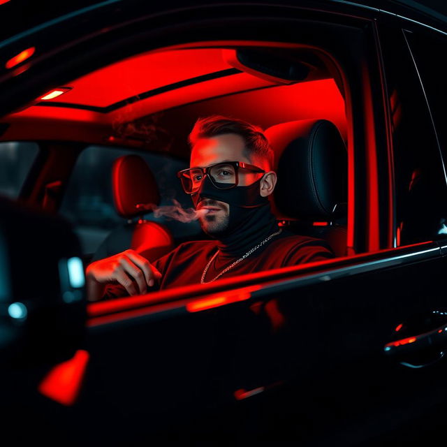 A man sitting inside a sleek BMW X4, his face partially obscured by a stylish mask, exuding a mysterious aura