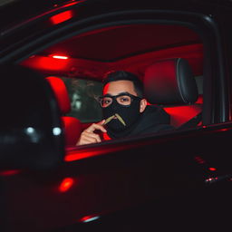 A man sitting inside a sleek BMW X4, his face partially obscured by a stylish mask, exuding a mysterious aura