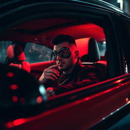 A man sitting inside a sleek BMW X4, his face partially obscured by a stylish mask, exuding a mysterious aura