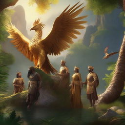 A photorealistic 3D render captures a group of adventurers on a quest for a golden phoenix