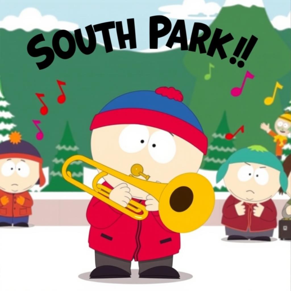 A humorous illustration of Cartman from South Park energetically playing a trombone