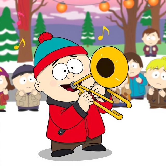 A humorous illustration of Cartman from South Park energetically playing a trombone