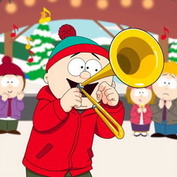 A humorous illustration of Cartman from South Park energetically playing a trombone