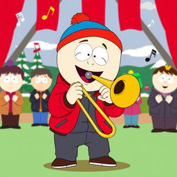 A humorous illustration of Cartman from South Park energetically playing a trombone