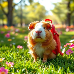 A cute guinea pig carrying a bright red backpack, standing with an adorable expression