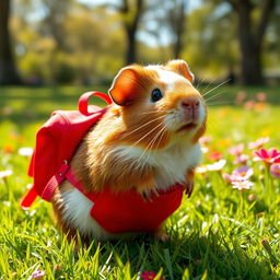 A cute guinea pig carrying a bright red backpack, standing with an adorable expression