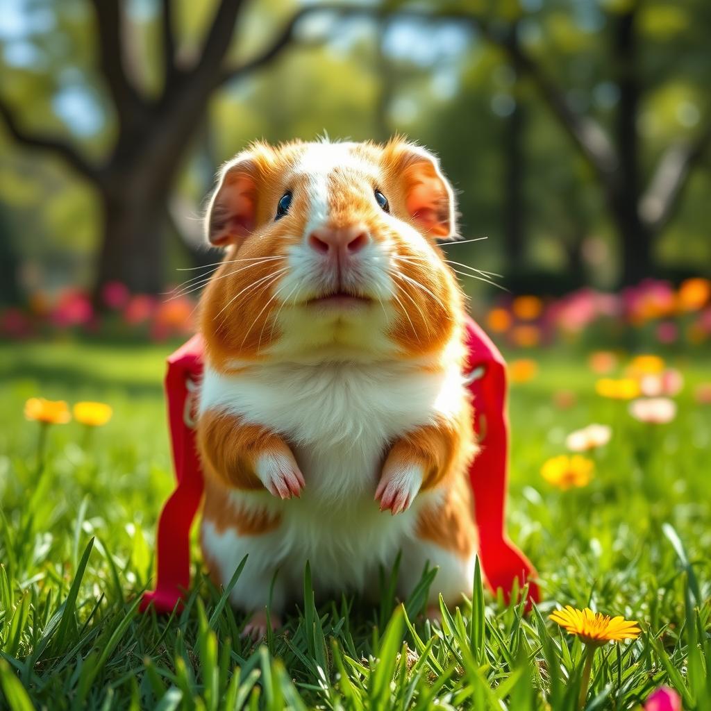 A cute guinea pig carrying a bright red backpack, standing with an adorable expression