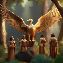 A photorealistic 3D render captures a group of adventurers on a quest for a golden phoenix