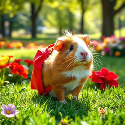A cute guinea pig carrying a bright red backpack, standing with an adorable expression