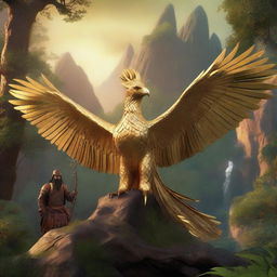 A photorealistic 3D render captures a group of adventurers on a quest for a golden phoenix