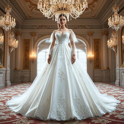 A stunning white bridal dress inspired by Anastasia's final gown, featuring intricate embroidery, a luxurious satin finish, and a romantic ball gown silhouette