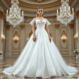 A stunning white bridal dress inspired by Anastasia's final gown, featuring intricate embroidery, a luxurious satin finish, and a romantic ball gown silhouette