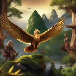 A photorealistic 3D render captures a group of adventurers on a quest for a golden phoenix