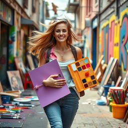 A vibrant and dynamic scene of a woman confidently walking, casually carrying a mixing color palette