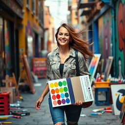 A vibrant and dynamic scene of a woman confidently walking, casually carrying a mixing color palette