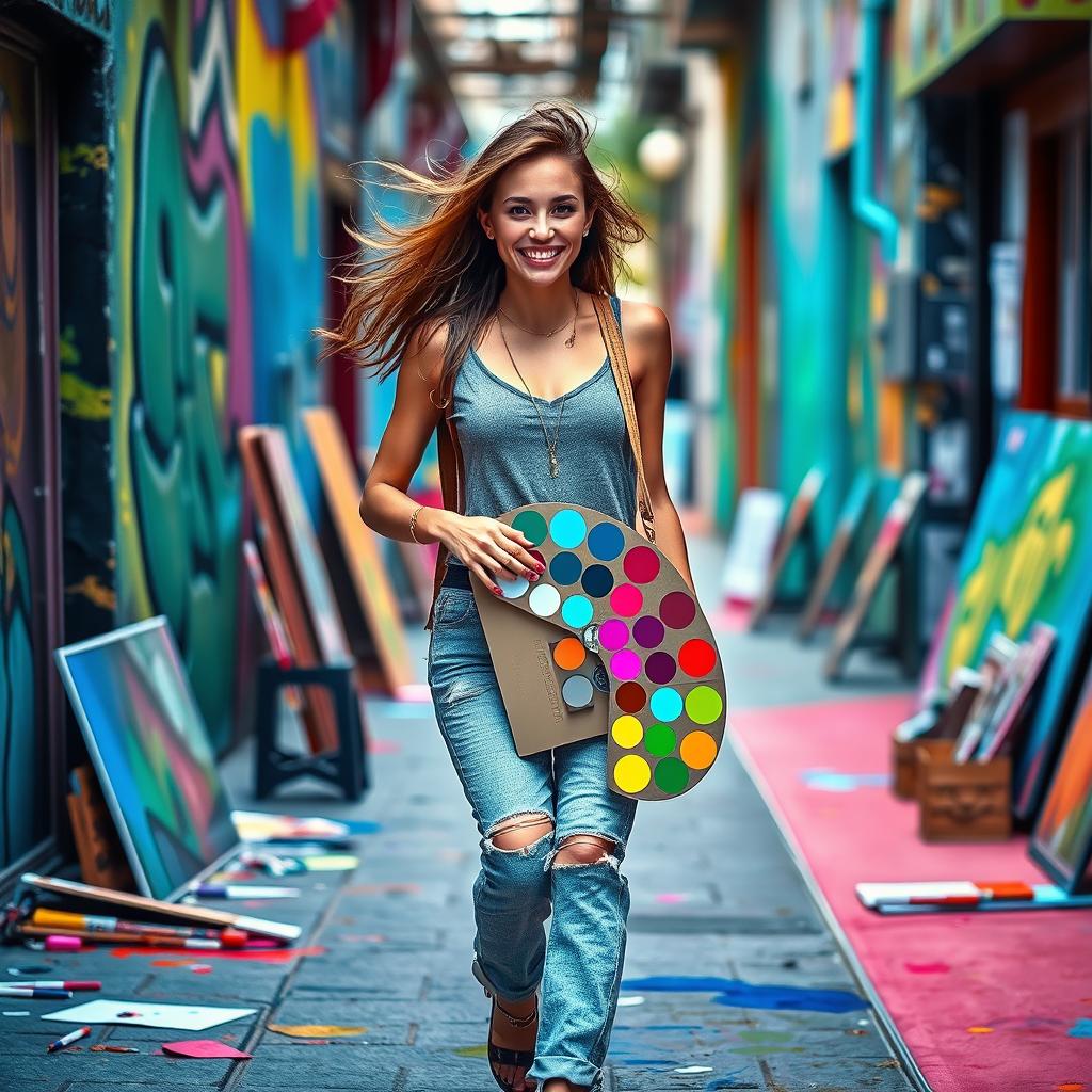 A vibrant and dynamic scene of a woman confidently walking, casually carrying a mixing color palette