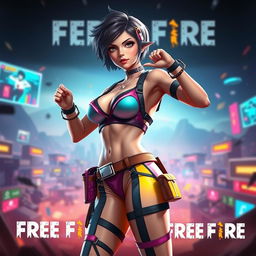 A Free Fire girl character in a dynamic pose, showcasing a stylish bra and panty outfit, with vibrant colors and intricate details
