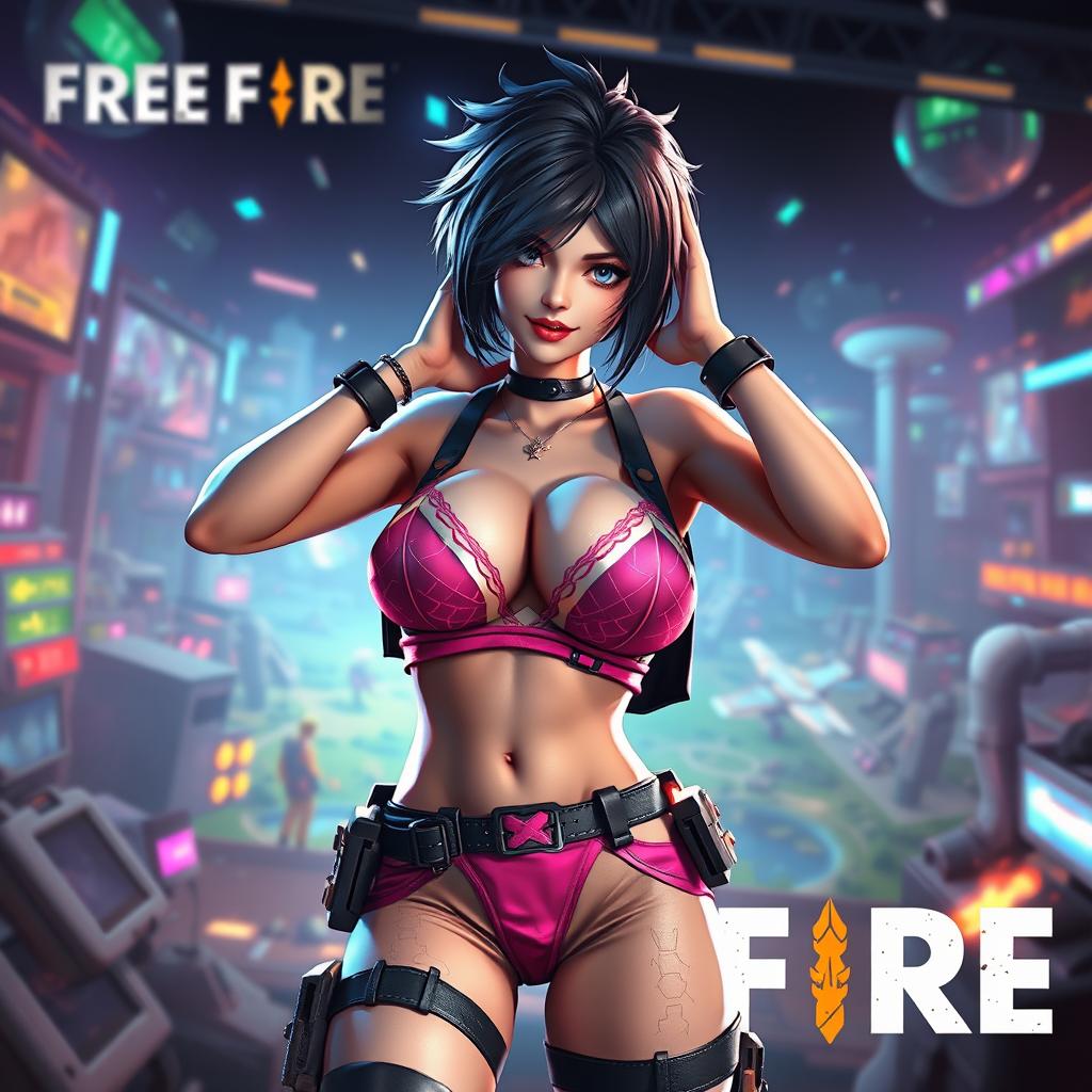 A Free Fire girl character in a dynamic pose, showcasing a stylish bra and panty outfit, with vibrant colors and intricate details
