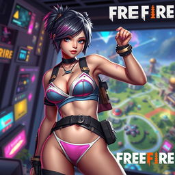 A Free Fire girl character in a dynamic pose, showcasing a stylish bra and panty outfit, with vibrant colors and intricate details
