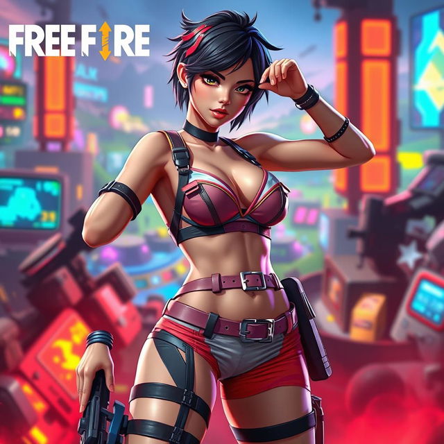 A Free Fire girl character in a dynamic pose, showcasing a stylish bra and panty outfit, with vibrant colors and intricate details
