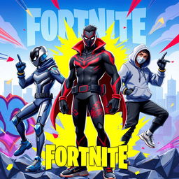 A vibrant and dynamic Fortnite thumbnail featuring characters inspired by Miles Morales