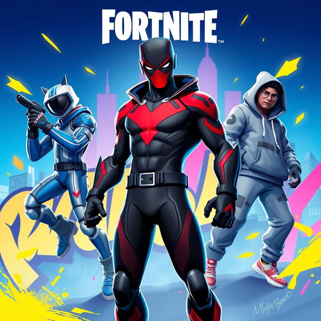 A vibrant and dynamic Fortnite thumbnail featuring characters inspired by Miles Morales