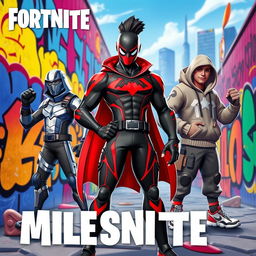 A vibrant and dynamic Fortnite thumbnail featuring characters inspired by Miles Morales