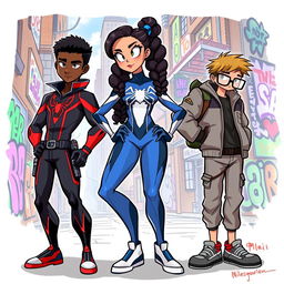 A vibrant illustration featuring three characters inspired by Miles Morales, showcasing unique designs and personalities