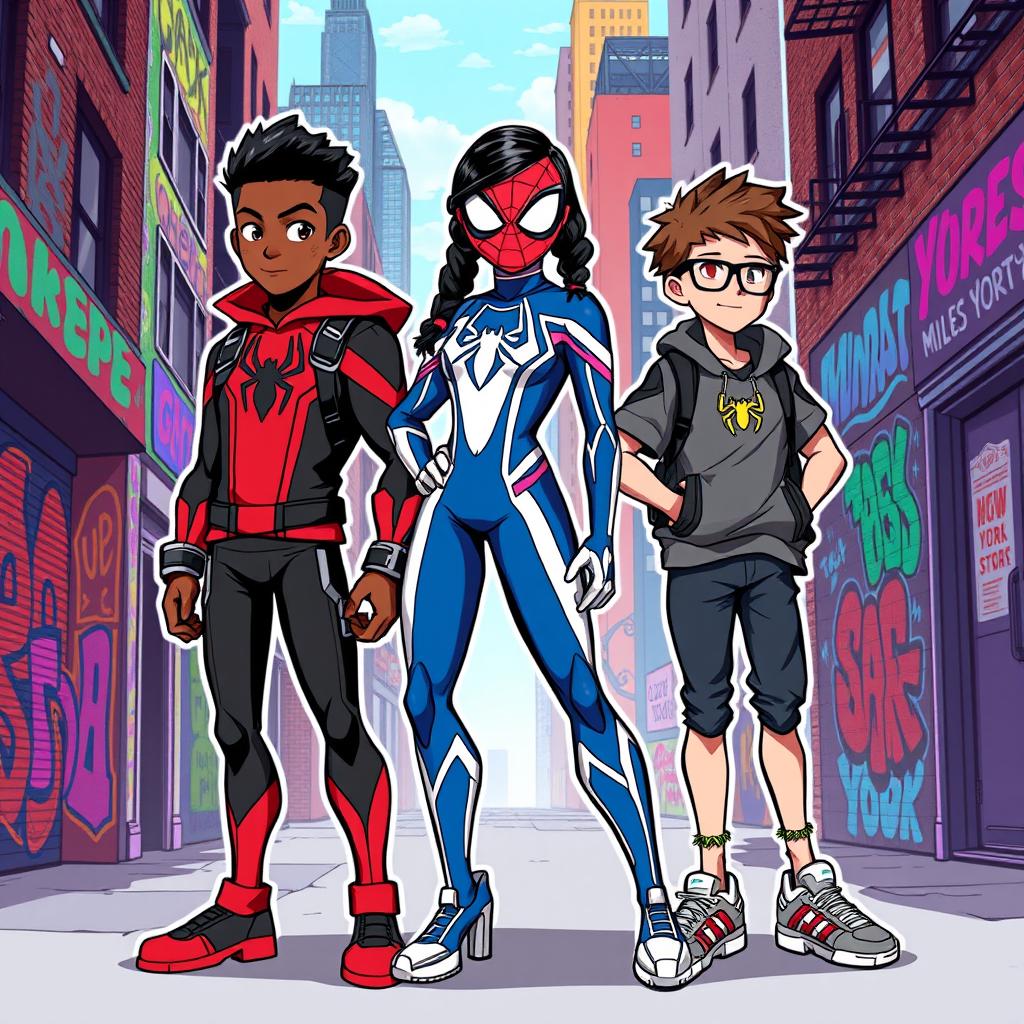 A vibrant illustration featuring three characters inspired by Miles Morales, showcasing unique designs and personalities