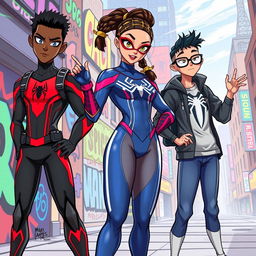 A vibrant illustration featuring three characters inspired by Miles Morales, showcasing unique designs and personalities