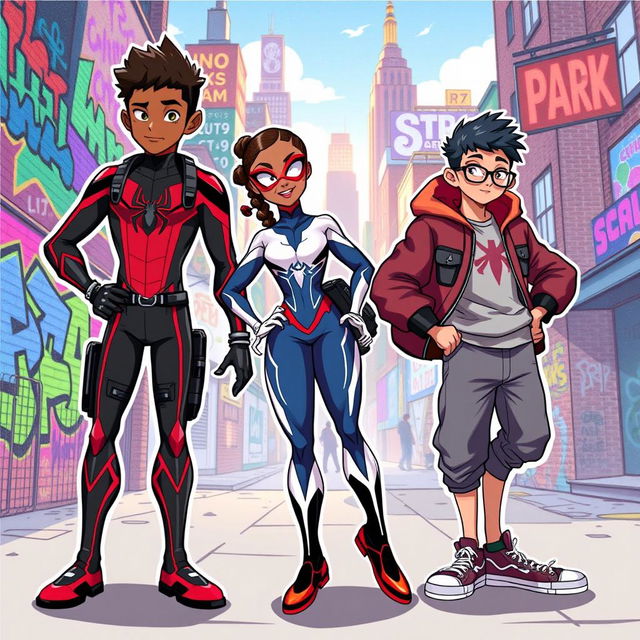 A vibrant illustration featuring three characters inspired by Miles Morales, showcasing unique designs and personalities