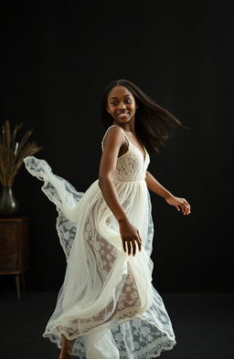 A stunning black girl wearing a delicate lacy white dress gracefully falling in an elegantly dark room