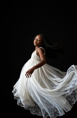 A stunning black girl wearing a delicate lacy white dress gracefully falling in an elegantly dark room