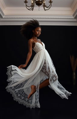 A stunning black girl wearing a delicate lacy white dress gracefully falling in an elegantly dark room