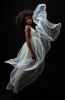 A beautiful black girl elegantly dressed in a delicate, flowing white lace dress, captured mid-fall in a dramatic black room