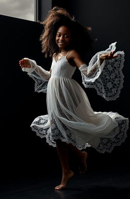 A beautiful black girl elegantly dressed in a delicate, flowing white lace dress, captured mid-fall in a dramatic black room
