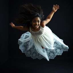 A stunning black girl captured in mid-fall, wearing a beautiful, flowing white lace dress