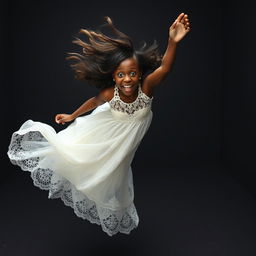 A stunning black girl captured in mid-fall, wearing a beautiful, flowing white lace dress