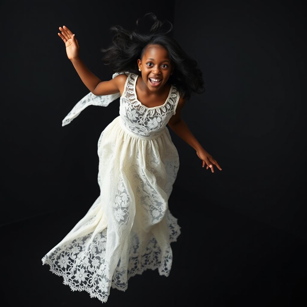 A stunning black girl captured in mid-fall, wearing a beautiful, flowing white lace dress