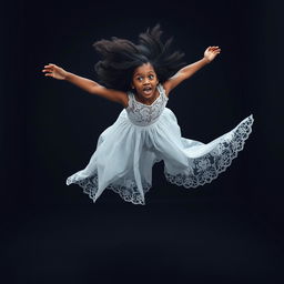 A stunning black girl captured in mid-fall, wearing a beautiful, flowing white lace dress